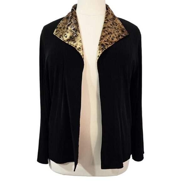 Chico's Travelers Black Leopard Print Collar Slinky Knit Open Front Jacket - Picture 1 of 7